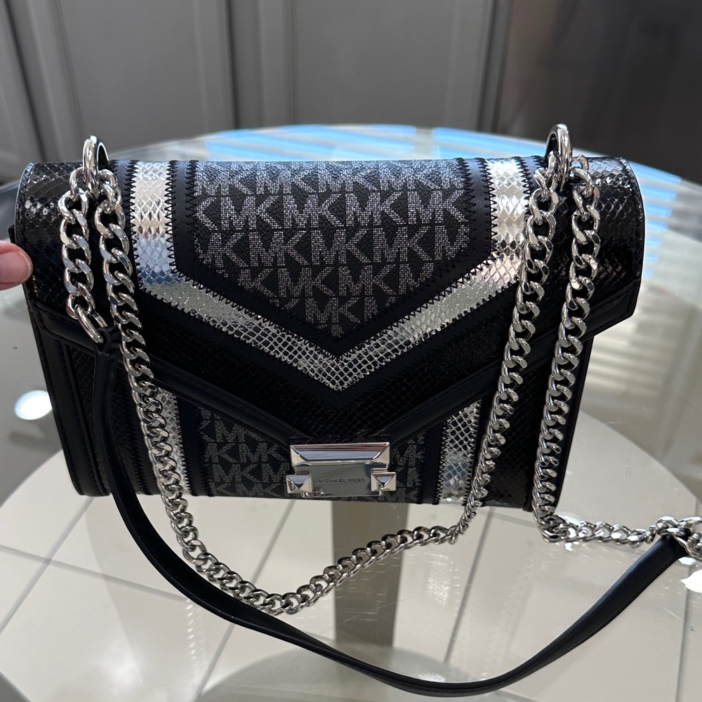 Michael Kors Black & Silver Logo Chain Crossbody Bag - Picture 2 of 3